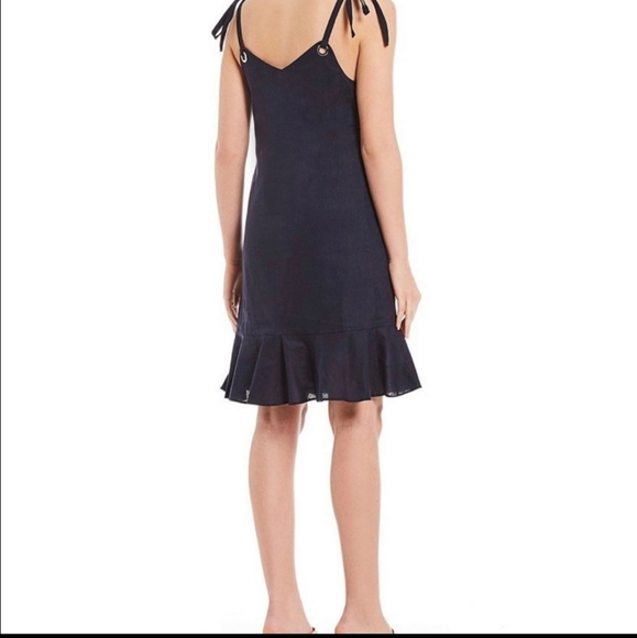 GIANNI BINI NAVY GROMMET FLOUNCE HEMLINE LINEN BLEND DRESS SIZE LARGE - Picture 2 of 10